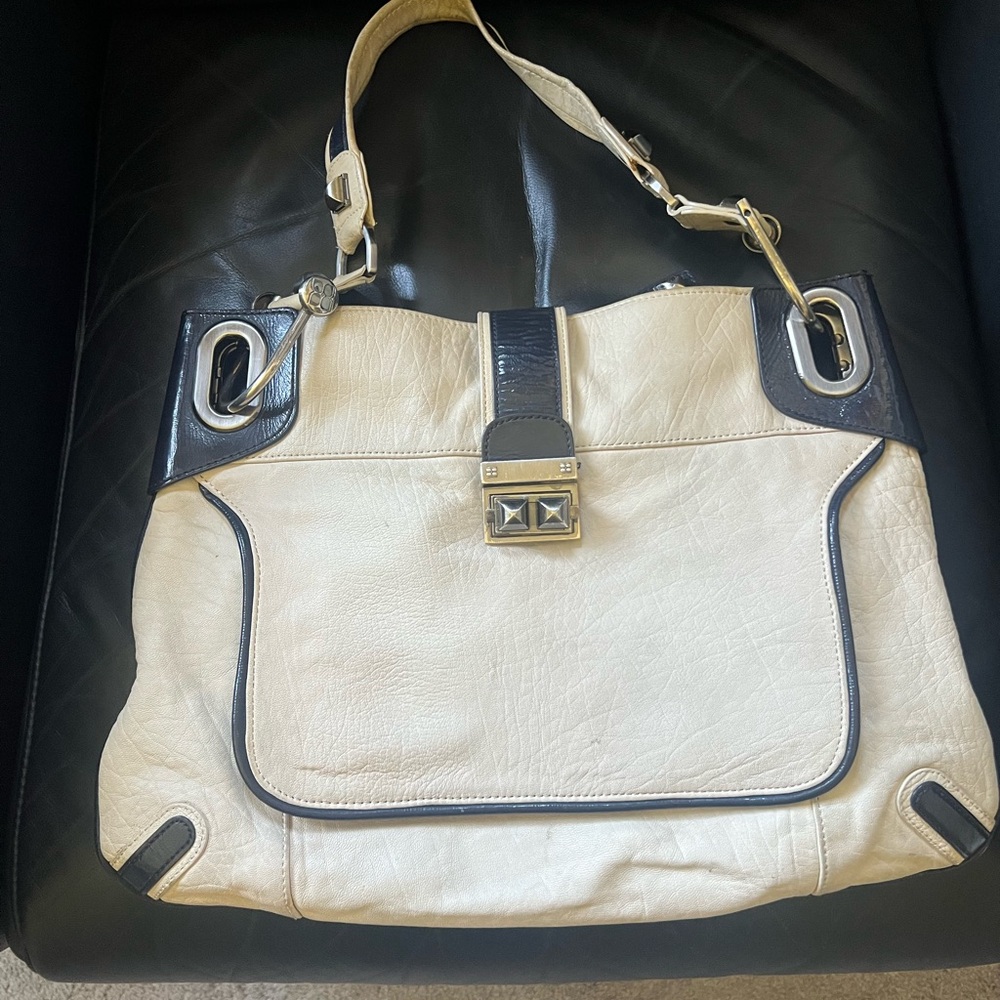 BCBGMaxAzria Cream and Navy Shoulder Bag